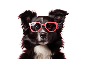 Stylish Pooch: Black and White Dog Rocking Pink Sunglasses. White or PNG Transparent Background.
