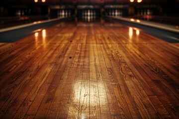 Indoor bowling alley with wooden floors and pins. Suitable for sports and leisure concepts