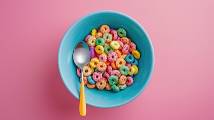 A bowl of cereal with a spoon, perfect for breakfast concept
