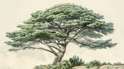 Detailed drawing of a tree on a rocky hill, suitable for nature or landscape themes