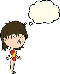 cartoon woman in swimsuit shrugging shoulders with thought bubble
