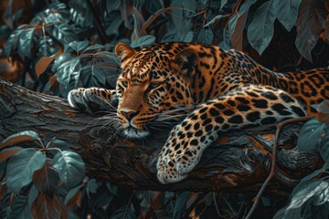 A leopard relaxing on a tree branch, perfect for wildlife concepts