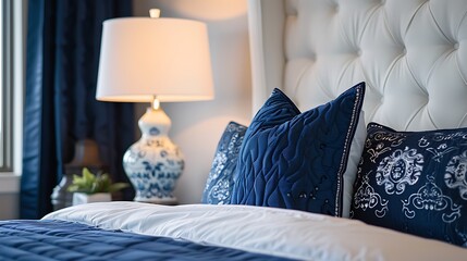 White lamp next to king size bed with navy blue bedding