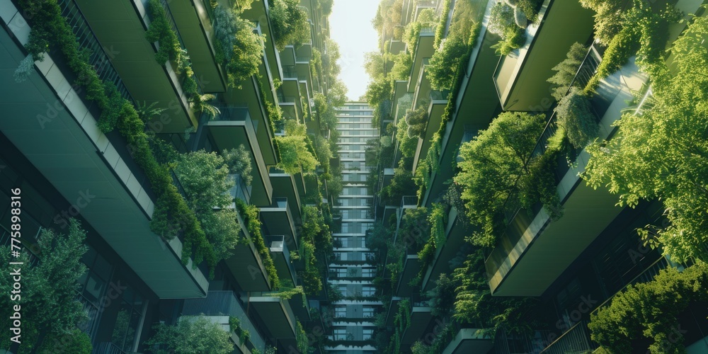 Poster A unique tall building covered in lush green trees. Perfect for architecture and nature concepts