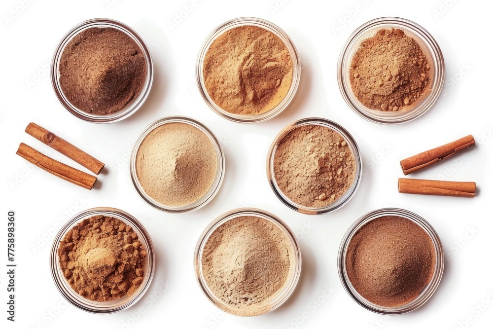 Poster Various types of spices stored in jars. Suitable for food and cooking concepts
