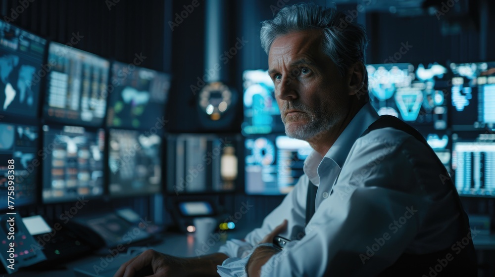 Leinwandbilder a man sitting at a desk in front of multiple monitors. suitable for technology and business concepts