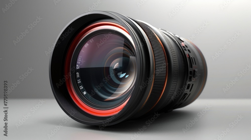 Poster close up of a camera lens on a table. great for photography and technology concepts