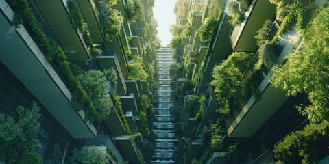 A unique tall building covered in lush green trees. Perfect for architecture and nature concepts - obrazy, fototapety, plakaty