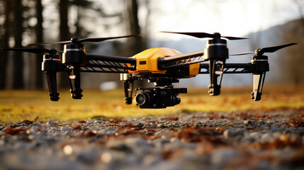 Yellow drone hovering close to ground closeup image. Ready camera UAV close up photography marketing. Technology concept photo realistic. Morning quadcopter blades picture photorealistic