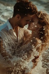 A man and a woman standing together in water, suitable for romantic themes or nature concepts
