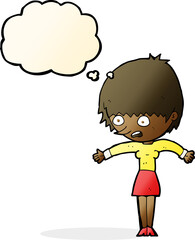 cartoon woman panicking with thought bubble