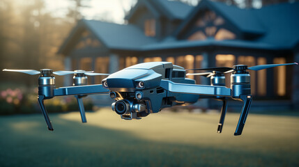 Suspended in air sleek blue drone outdoors closeup image. Real estate UAV close up photography marketing. Technology concept photo realistic. Residential surveillance house picture