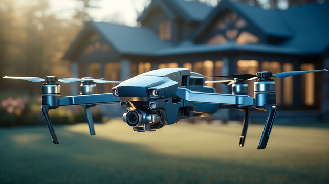 Suspended in air sleek blue drone outdoors closeup image. Real estate UAV close up photography marketing. Technology concept photo realistic. Residential surveillance house picture - Powered by Adobe