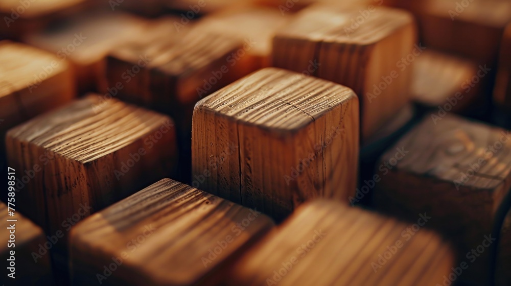 Poster close up view of wooden blocks on a table. ideal for educational or construction concepts