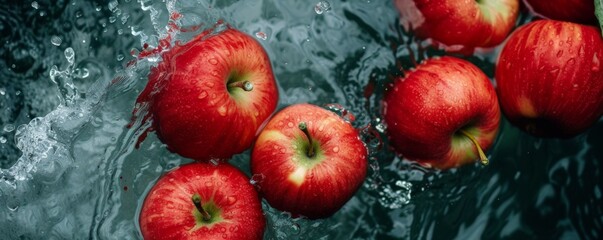 Ripe red apples floating in water banner