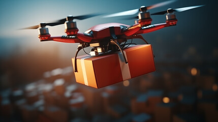 Red drone carries parcel against dusky sky closeup image. UAV close up photography marketing. Evolution of package delivery concept photo realistic. Aerial courier picture photorealistic