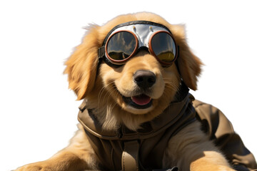 The Flying Pooch: Aviator Dog in Goggles and Pilots Outfit. White or PNG Transparent Background.