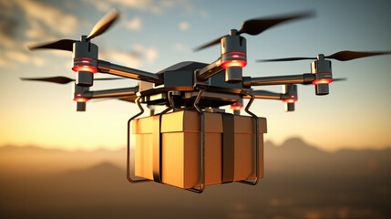 Twilight sky drone transporting package closeup image. UAV close up photography marketing. Delivery system future concept photo realistic. Aerial shipping picture photorealistic - Powered by Adobe