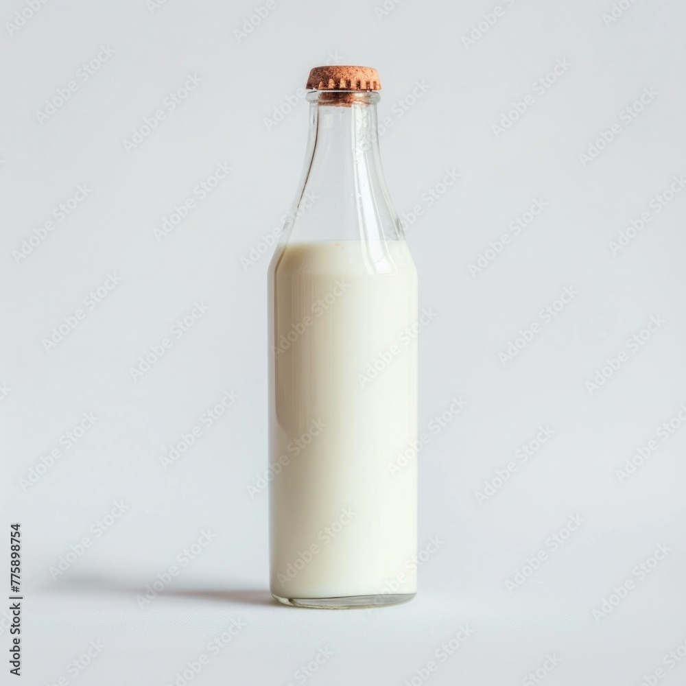 Poster a simple image of a bottle of milk on a white surface. perfect for food and beverage related project