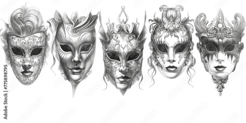 Poster detailed line drawing of multiple masks, ideal for art projects