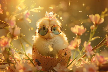 Chick in a speckled egg, aviator glasses, surrounded by autumn harvest, soft morning light - obrazy, fototapety, plakaty