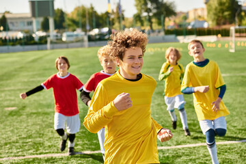 A lively group of young boys joyfully running around a soccer field, kicking the ball, laughing, and chasing each other in friendly competition.