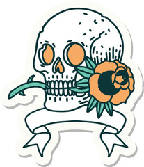 tattoo style sticker with banner of a skull and rose