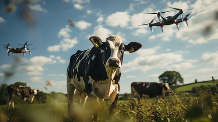 Drones fly near herd of cows on sunny day photo realistic image. Monitoring and managing livestock photography wallpaper. Farming UAVs picture scene. Animal welfare concept photorealistic