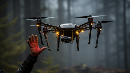 In misty forest launching drone from hand closeup image. Equipped with camera, yellow lights UAV close up photography. Technology concept photo realistic. Search operation picture