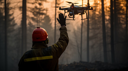 Lone firefighter with emergency response drone photo realistic image. Dusk surveillance photography wallpaper. Firefighting operation picture scene. Technology concept photorealistic
