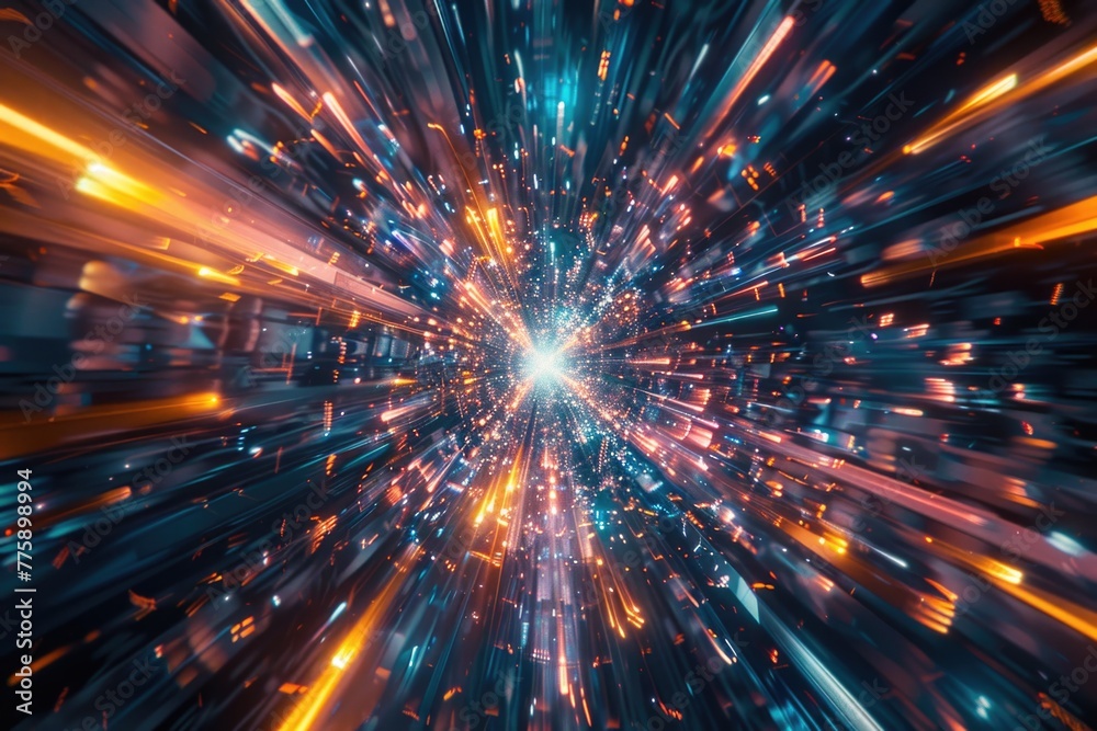 Poster A mesmerizing view of a tunnel illuminated by colorful lights. Ideal for backgrounds or abstract concepts