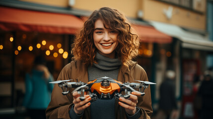 Smiling curly-haired woman joyfully presents drone portrait image. Vibrant urban outdoor photography. Quadcopter closeup picture photorealistic. Technology concept photo realistic