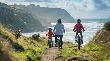A scenic photograph of a family cycling together on a coastal trail, connecting with nature and promoting an active lifestyle