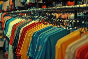 A rack of colorful shirts displayed in a store. Great for fashion or retail concepts - obrazy, fototapety, plakaty