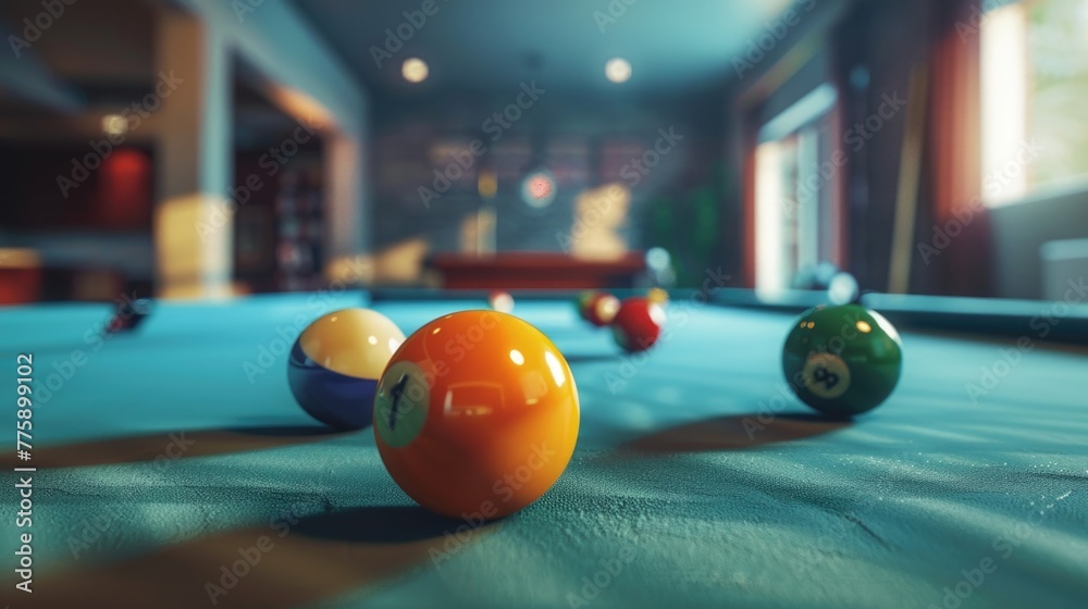 Poster A pool table with several colorful pool balls. Great for sports and leisure concepts