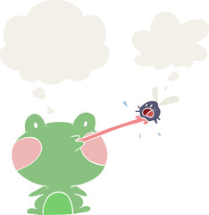 cartoon frog catching fly with thought bubble in retro style