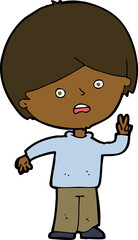 cartoon unhappy boy giving peace sign