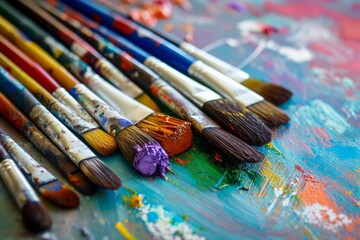 Fototapeta premium Creative Art multicolored splatter drawing tools. Painting brushes with colorful materials for painter work. Generate ai