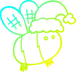 cold gradient line drawing of a cute cartoon bee wearing christmas hat