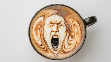 Latte art with face screaming in terror, panic disorder concept