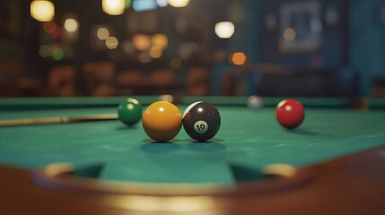 A pool table with balls and cues, perfect for sports and leisure concepts