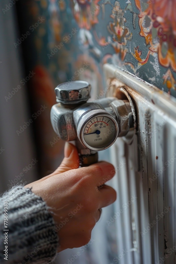 Poster a person holding a thermostat in front of a radiator. suitable for energy efficiency concept