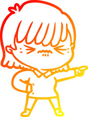 warm gradient line drawing of a annoyed cartoon girl pointing