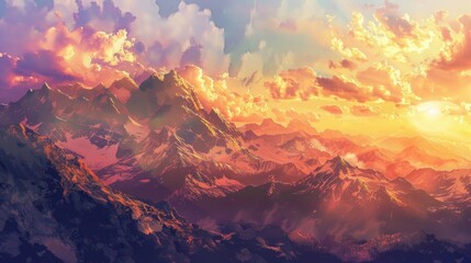 Beautiful painting of a mountain range at sunset. Ideal for home decor or travel websites