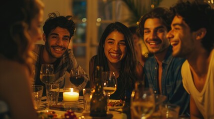 Group of individuals gathered at dining table. Suitable for family, celebration, or restaurant concepts