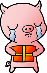 cartoon pig crying over christmas present