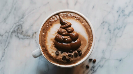 Cup of coffee decorated with pile of poo made of chocolate - concept of low quality drink