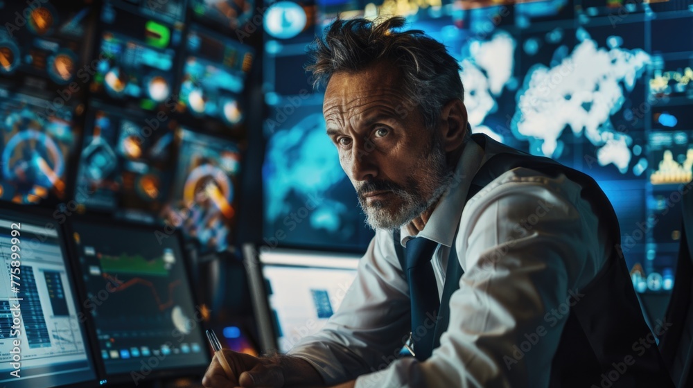 Aufkleber A man sitting at a desk in front of a computer. Suitable for business and technology concepts