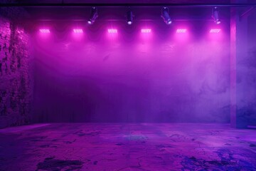 A stage illuminated with purple lights and smoke effects. Suitable for concert or event backgrounds - obrazy, fototapety, plakaty