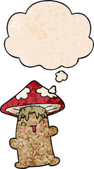 cartoon mushroom character with thought bubble in grunge texture style